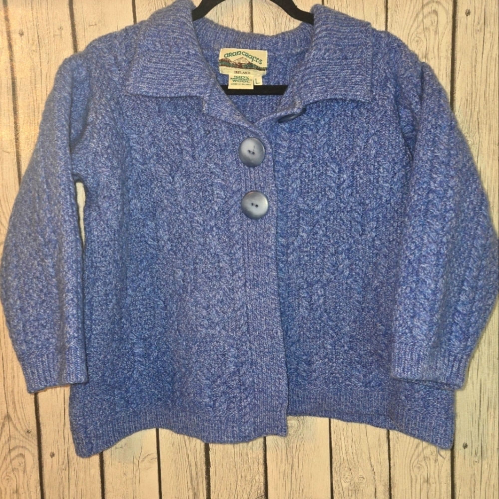 Aran Crafts 100% Merino Wool Irish Cardigan Sweater Knit Size L Button